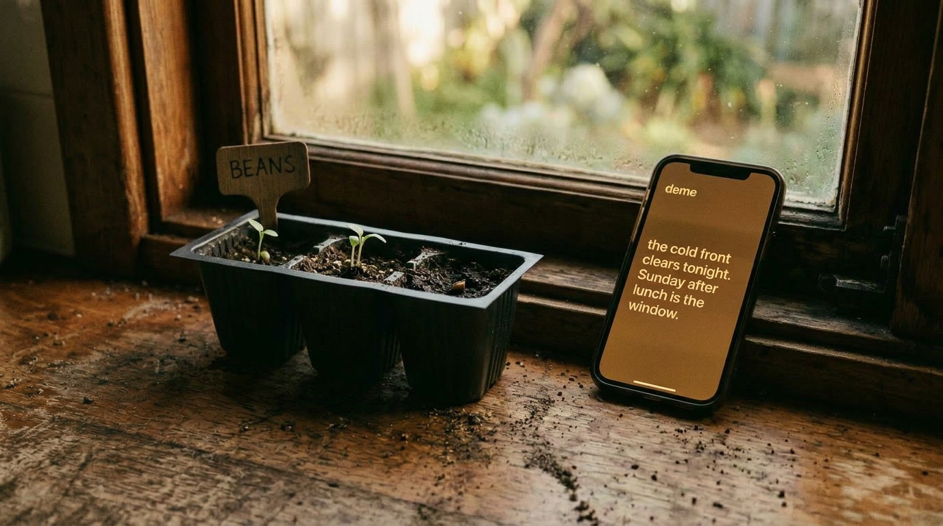 Wooden seedling tray on kitchen windowsill, five days from the garden — Deme, AI garden companion for Australian homes.