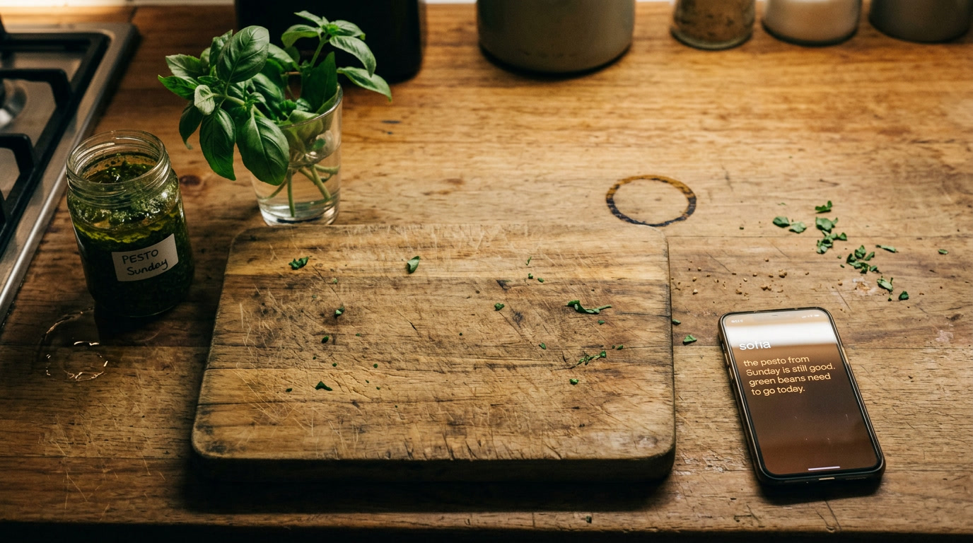 Kitchen prep with basil and pesto on a chopping board — Sofia, AI kitchen companion for Australian households.